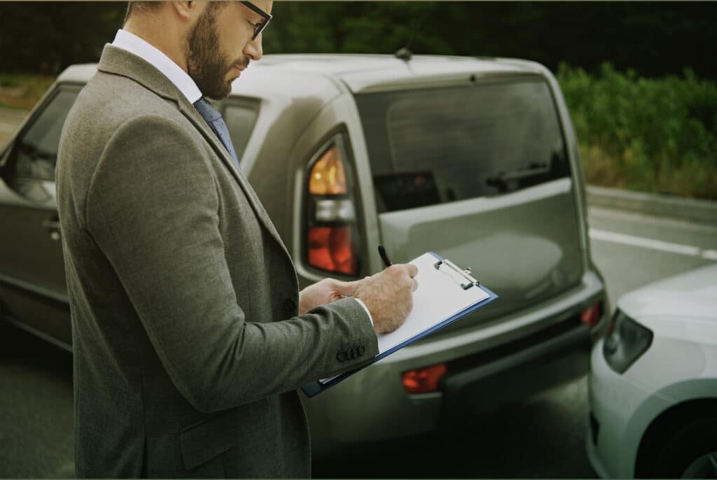 Responsável pela seguradora realizando anotações do veículo para determinar melhor seguro de automóveis